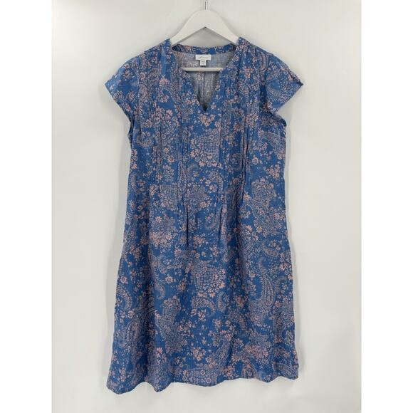 J. Jill Dress Womens Small Petite Blue Pink Floral Linen Cap Sleeves Pockets - Picture 1 of 16